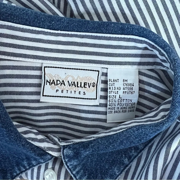 Napa Valley Striped Flower Embroidered Button Up Shirt Denim Collar Petite Large - Picture 10 of 10